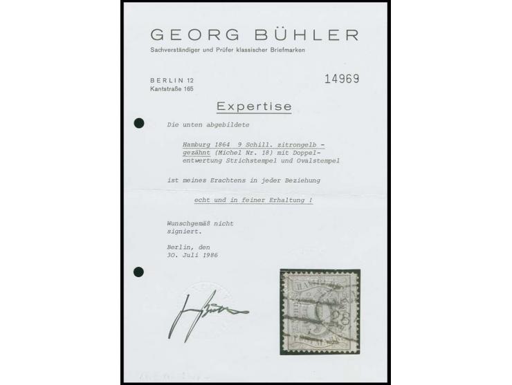9 Sch. gelb, farbfrisch und gut gezähnt mit Doppelentwertung durch Strich- sowie Ovalstempel, oben rechts leichte Eckbugspur,