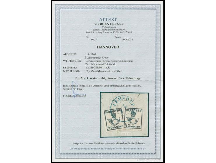 1860, ½ Gr. schwarz, 2 Einzelstücke, voll- bis meist breitrandig mit DKr. "LEMFOERDE 16/8" auf Briefstück, sehr schönes Stück