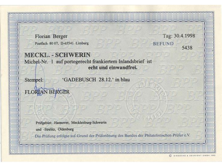 1856, 4/4 Sch. graurot, voll- bis breitrandig mit klarem blauem DKr. "GADEBUSCH 28 12", zusätzlich nebengesetzt, auf Briefkuv