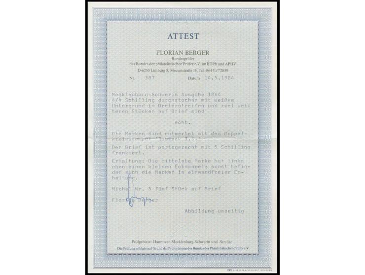1864, weißer Grund: 4/4 Sch. lebhaftbräunlichrot, waagerechter 3er-Streifen und 2 Einzelstücke als korrekte 5 Sch.-Frankatur 
