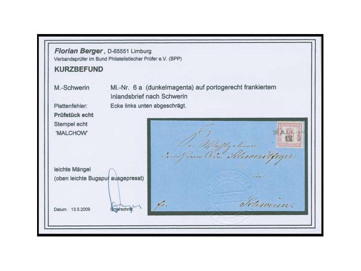 2 Sch. dunkelmagenta mit Plattenfehler "Ecke links unten abgeschrägt", farbfrisch und gut durchstochen, mit L2 "MALCHOW 12 5"