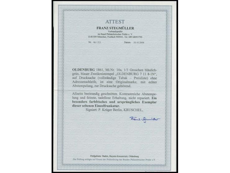 1861, 1/3 Gr. bläulichgrün, sehr schön farbfrisch und allseits außerordentlich breitrandig geschnitten mit klarem blauem DKr.