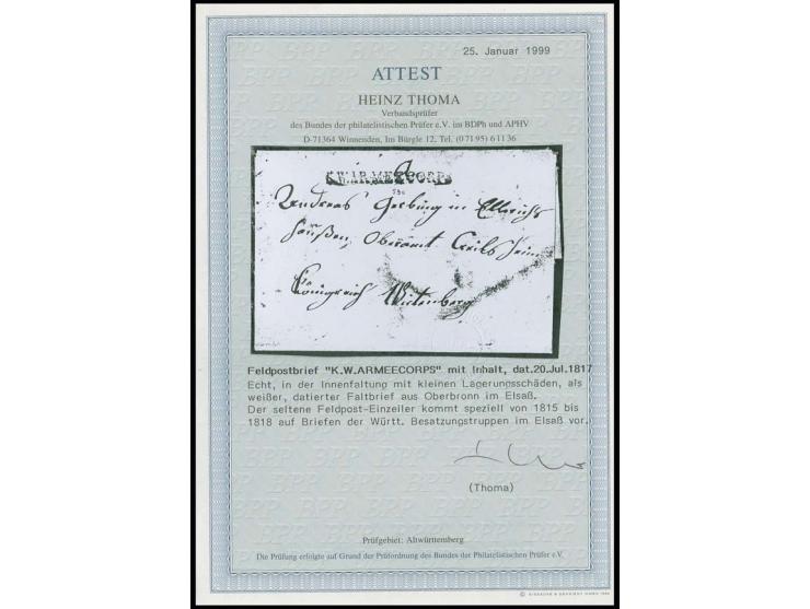 "K.W. ARMEECORPS", L1 sauber auf kpl. Brief 1817 von Oberbronn im Elsaß nach Crailsheim; in der Innenfaltung mit kleinen Lage