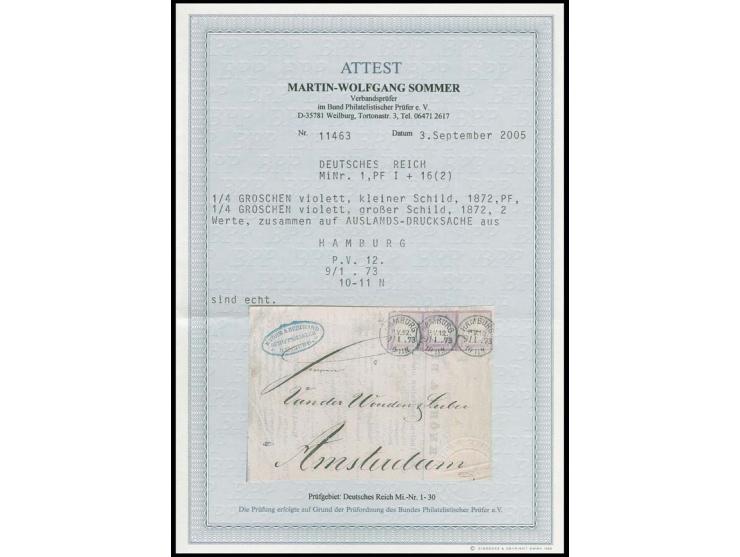 ¼ Gr. grauviolett und Großer Schild ¼ Gr. grauviolett (2) mit klarem EKr. "HAMBURG P.V.12. 9/1 73" auf Drucksachenfaltbrief n