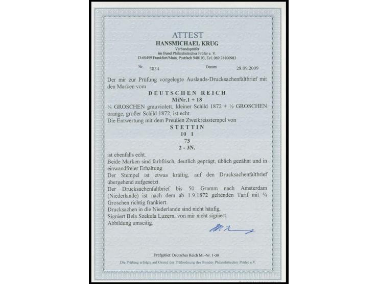 1/4 Gr. grauviolett in Mischfrankatur mit Großer Schild 1/2 Gr. orange mit Stempel "STETTIN 10.1.73" als portogerechte Franka