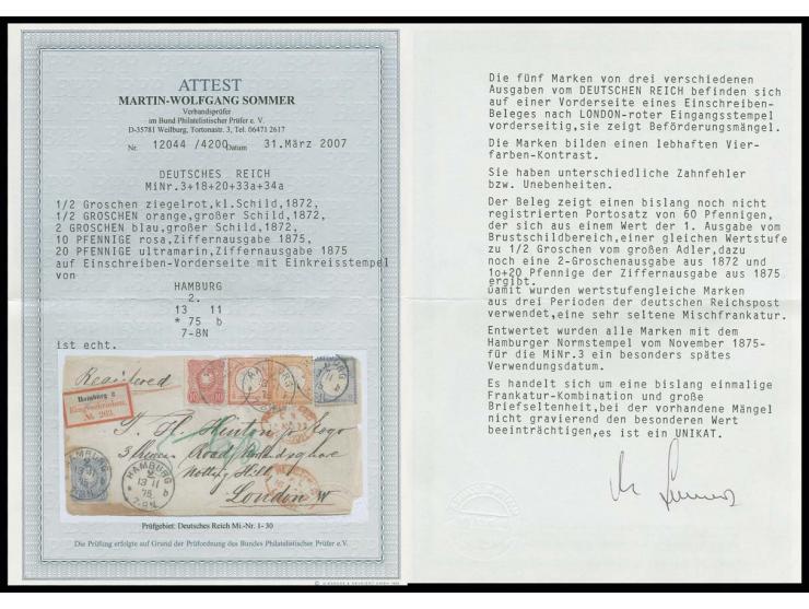 ½ Gr. ziegelrot in Mischfrankatur mit Großer Schild ½ Gr. orange und 2 Gr. ultramarin sowie 1875, 10 Pfge. karmin und 20 Pfge