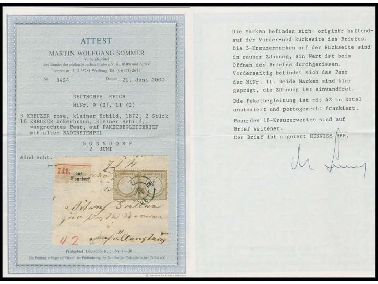 18 Kr. ockerbraun im waagerechten Paar und rückseitig 3 Kr. karmin (2) mit Baden DKr. BONNDORF 2 JUN auf kleinem Paketbegleit