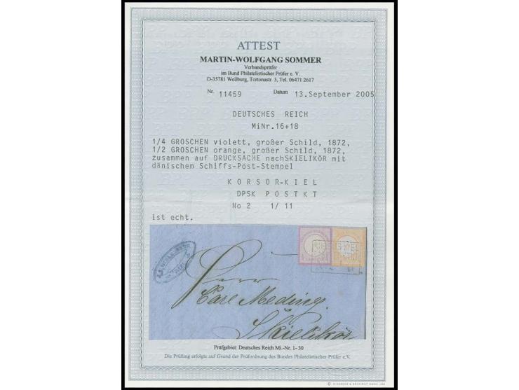 ¼ Gr. grauviolett und ½ Gr. orange mit klarem Ra3 "KORSÖR-KIEL / DPSK POSTKT. / No. 2 1/11" auf Drucksachenfaltbrief nach Sch