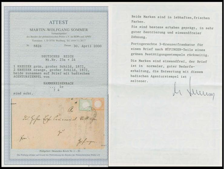 3 Kr. karmin im senkrechten Paar mit EKr. "FRANKFURT A.M. 23/10 74"  auf Orts-R-Brief , die obere 3 Kr.-Marke ist leicht eckr
