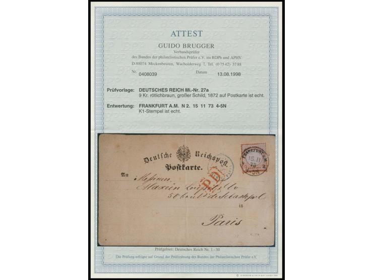 9 Kr. rötlichbraun mit EKr. "FRANKFURT A.M. 15 11 73"  auf amtlichem Postkartenformular nach Frankreich mit rotem Ra. "P.D" u