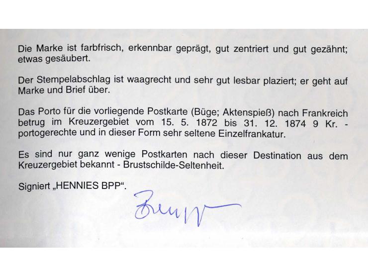 9 Kr. rötlichbraun mit EKr. "FRANKFURT A.M. 15 11 73"  auf amtlichem Postkartenformular nach Frankreich mit rotem Ra. "P.D" u