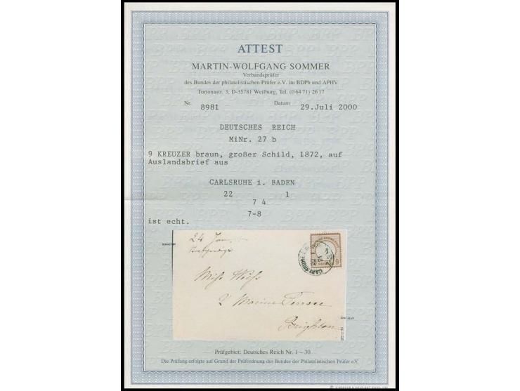 9 Kr. rotbraun mit EKr. "CARLSRUHE i. BADEN 22 1 74" als Einzelfrankatur auf weißem Brief nach Brighton, diverse Signaturen u