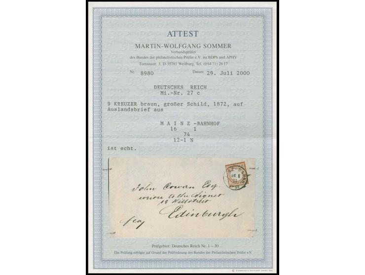 9 Kr. braun mit EKr. "MAINZ-BAHNHOF 16 1 74" als Einzelfrankatur auf Brief nach Edinburgh, Kabinett, sign. W. Engel und Fotoa
