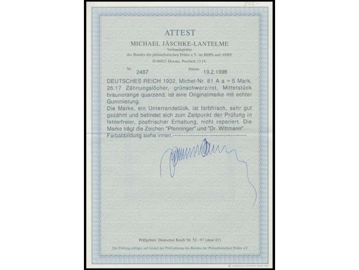 5 M., gelblichrot quarzend, postfrisches Unterrandstück, Kabinett, sign. Pfenninger und Dr. Wittmann sowie Fotoattest Jäschke