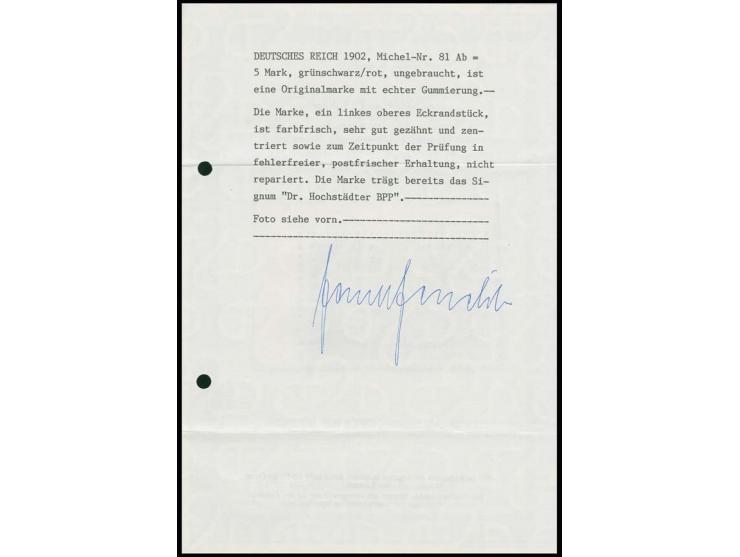 5 M., karmin quarzend, linkes oberes Eckrandstück, postfrisch in tadelloser Erhaltung, sign. Dr. Hochstädter BPP und Fotoatte