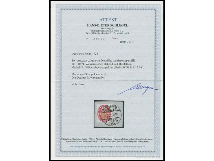10 Pfg. mit stehendem Wasserzeichen, sauber mit Stempel "BERLIN -9.12.26 10-11 V." auf Briefstück, Kabinett, Fotoattest Schle