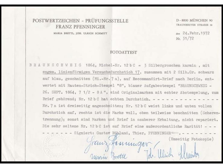 3 Silbergroschen karmin, rechts und teilweise oben mit Scherentrennung, links und unten vollständiger Durchstich, zusammen mi