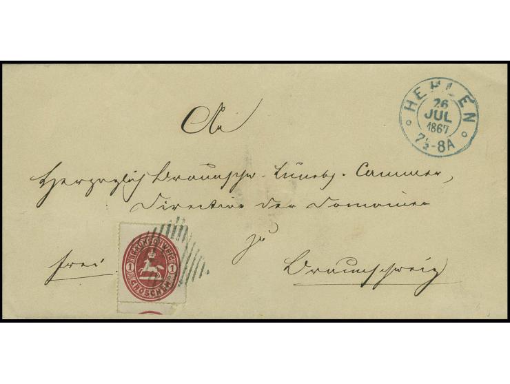 "26" HEHLEN auf 1865, 1 Groschen karmin auf Briefhülle mit nebengesetztem DKr.; ein sehr schöner Brief dieses seltenen Postor