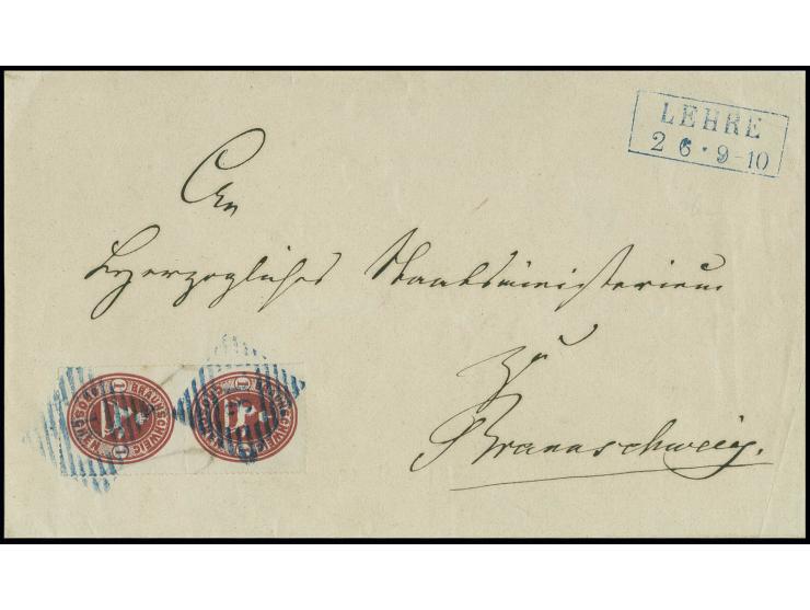 "31" LEHRE in leuchtend blau, zweimal abgeschlagen auf senkrechtem Paar 1865, 1 Groschen karmin auf Briefvorderseite nach Bra