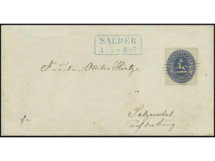 "36" SALDER mit dünnen Balken, ideal abgeschlagen auf 1865, 2 Groschen blau, allseits Scherentrennung, teils außerhalb des Du