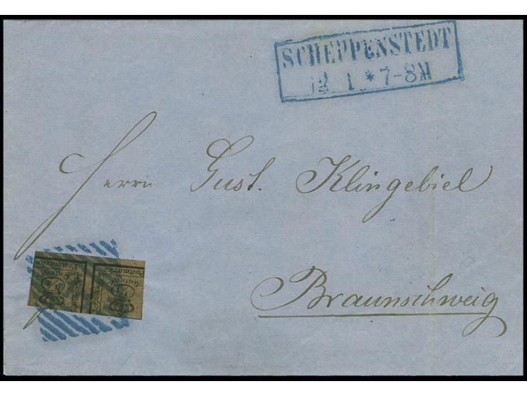 SCHÖPPENSTEDT: "SCHEPPENSTEDT 12 1" (1860), Ra. in blau mit falscher Schreibweise nebengesetzt auf datierter Briefhülle mit 2