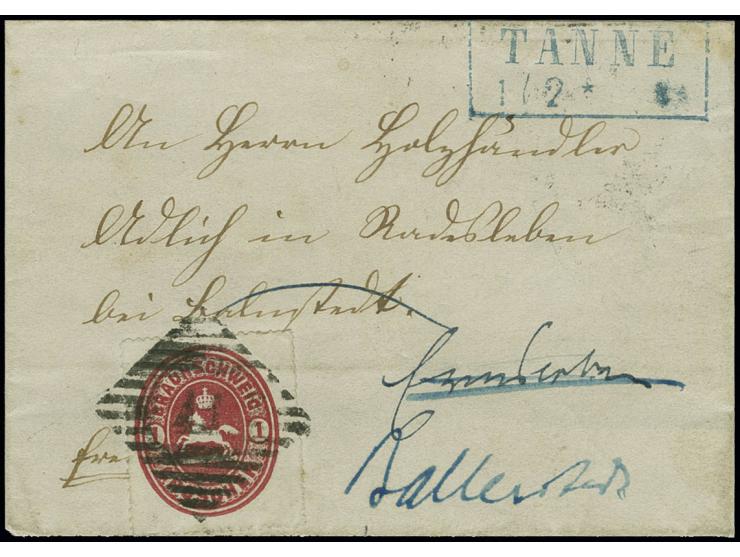 "41" TANNE in schwarz auf 1865, 1 Groschen karmin auf kleiner, nicht ganz kompletter Briefhülle mit nebengesetztem blauen Ra2