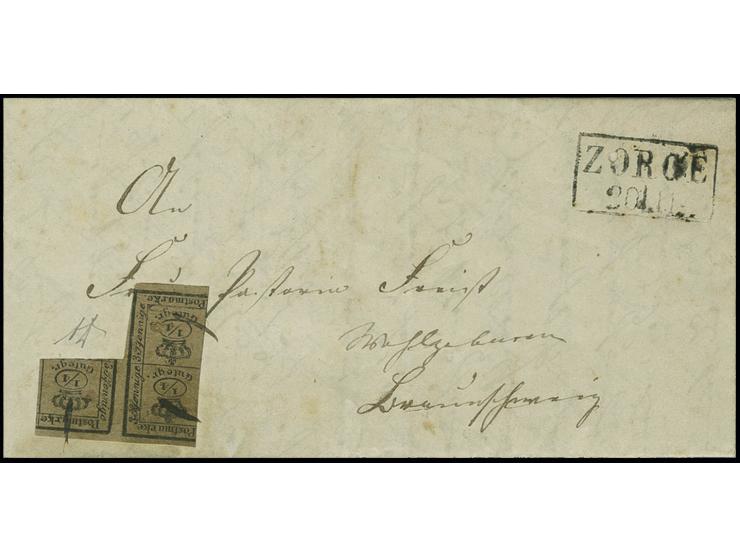 "ZORGE 20/11", Ra2 in schwarz auf Brief 1859 von Wieda nach Braunschweig, frankiert mit ¾ Gutegroschen auf gelbbraun mit über