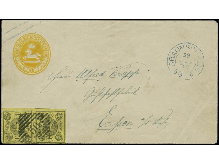 "50" BRAUNSCHWEIG der Aushilfsstempel des Hofpostamtes, vollständig und glasklar abgeschlagen auf senkrechtem Paar 1861, 1 Si