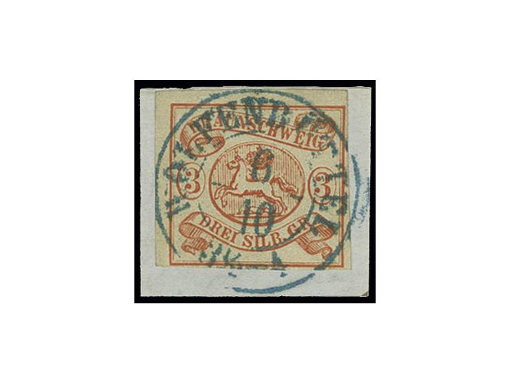 3 Silbergroschen orangerot, voll- bis breitrandig, besonders kräftig leuchtende Farbe, mit ideal aufgesetztem DKr. "WOLFENBÜT