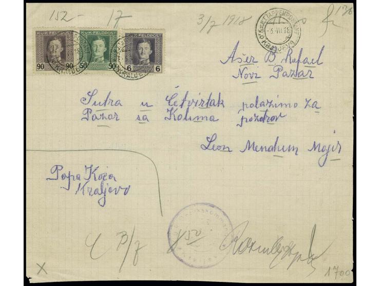 Allgemeine Ausgaben: 1918, 90 H. mit 50 und 6 H. mit Stempel "K.u.K.ETAPPENPOSTAMT KRALJEVO 3.7." auf Not-Formular für ein pr