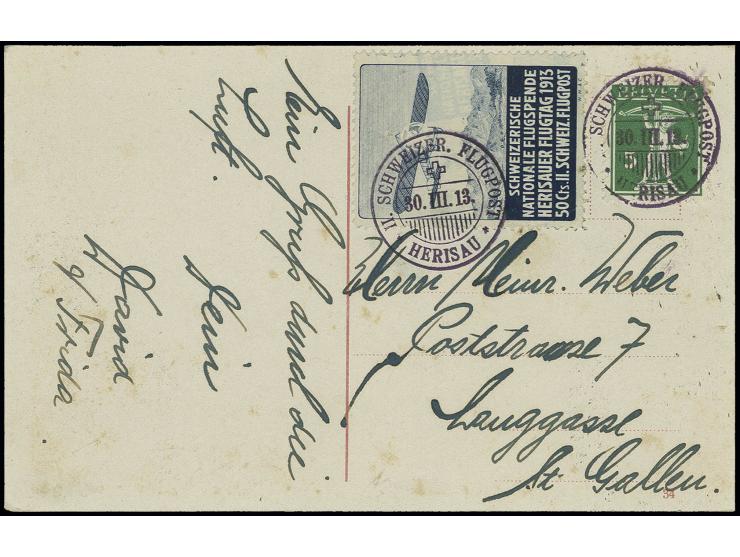 Halbamtliche Flugmarken: 1913, Herisau-Niederglatt 50 C. mit Zufrankatur, beide mit entsprechendem Sonderstempel auf Karte na