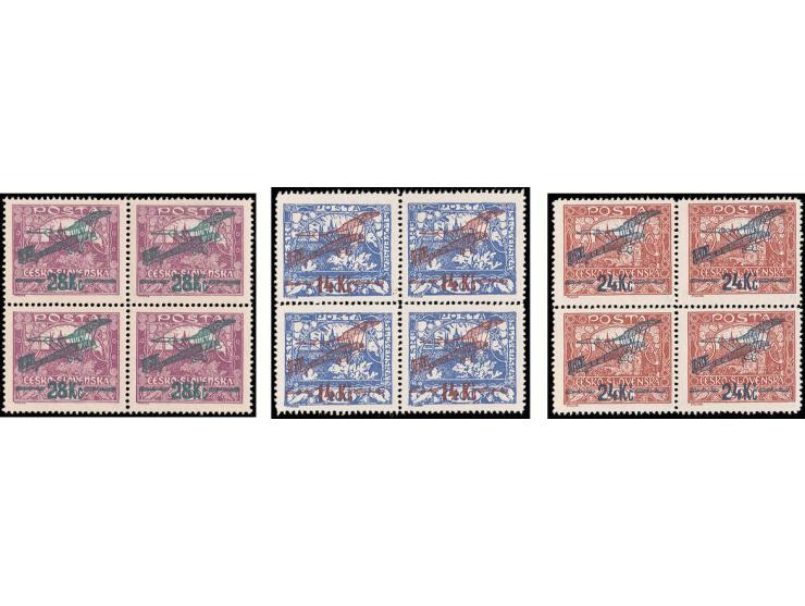 1920, airmail stamps 14 k. and 24 k. perf. 13 3/4 and 28 k. perf. 13 3/4:13 1/2, all in blocks of 4, unused, fine, sign. Bene