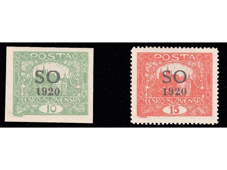 1920, 10 h. imperforated and 15 h. perf. 13 3/4, unused, sign. Benes a.o.