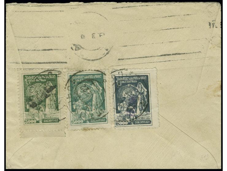 1922, 2000 r. blue and two singles 5000 r. dark-green tied by cds. "TBILISI 5- 12 22" to reverse of cover to Oelsnitz, fine