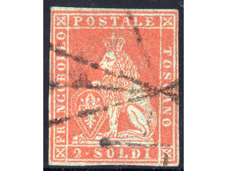 1851/52, 2 s. brown-red on blue, good margins all around and lightly cancelled, very fine, a rare stamp, certificate Colla (S