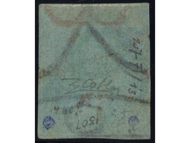 1851/52, 2 s. brown-red on blue, good margins all around and lightly cancelled, very fine, a rare stamp, certificate Colla (S