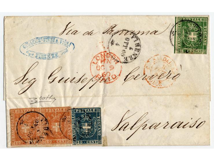 80 c. light brownish-red in horizontal pair together with 20 c. blue and 5 c. yellow-green, tied by clear cds. "FIRENZE 4 OTT