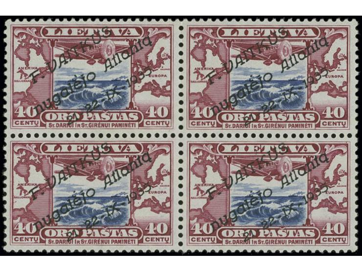 1935, Vaitkus-flight 40 c., block of four, unused, one stamp unhinged mint, fine, a scarce multiple, several signatures incl.