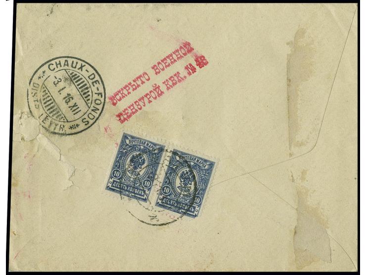 1908, 10 k. blue horizontal pair tied by cds. "BATUM 19 11 15" to reverse of "A.R" registered cover to Neuchatel, military ce