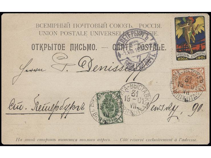 MISCELLANEOUS ITEMS: 1901, "RIGA EXPOSITION 19 VII 01" three very clear strikes on franked exhibition picture post card with 