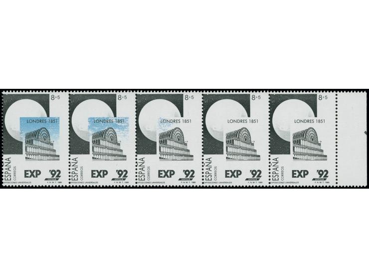 8+5 pta. London, horizontal strip of 5, the two right stamps all colours except black omitted, the other 3 stamps with more o