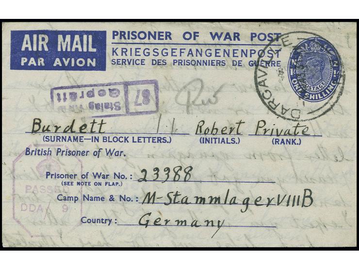 Postal stationary: 1943, POW-Airmail letter sheet 1 sh. used from "DARGAVILLE 3 AU 41" to a POW in Germany, M-Stammlager VIII