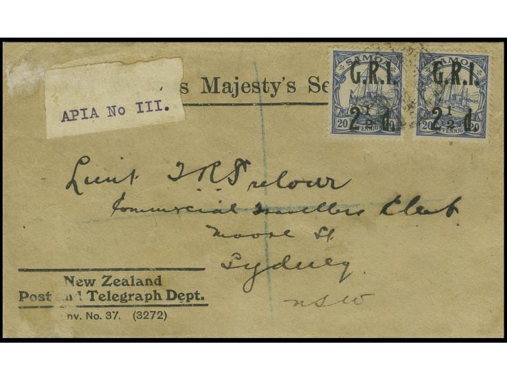 1914, 2½ d. on 20 pf., 2 copies tied by German cancel to small registered envelope with rare typed register label "APIA No. I