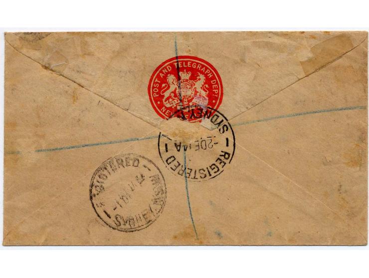 1914, 2½ d. on 20 pf., 2 copies tied by German cancel to small registered envelope with rare typed register label "APIA No. I