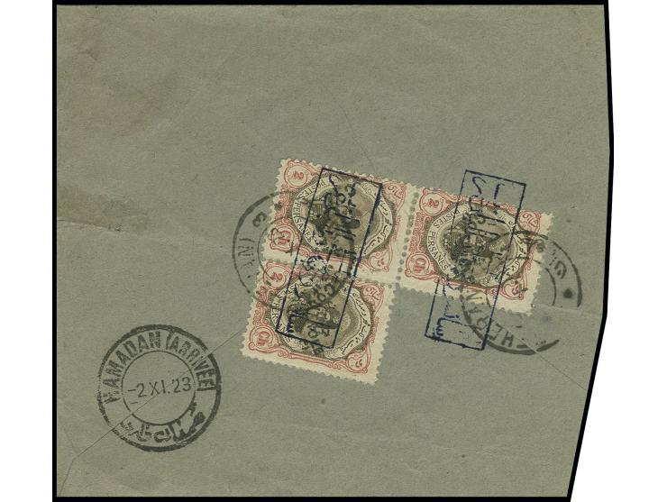 "CENSOR OF THE WESTERN REPUBLICANS" 2 clear strikes on block of 3 of 1922, 2 ch. on reverse of cover from Teheran to the post