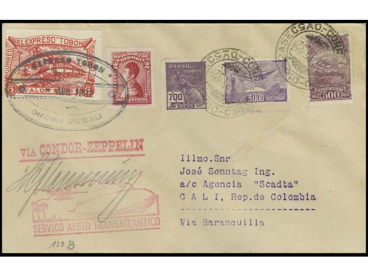 1932, 1. Südamerikafahrt, brasilianische Post, Zuleitungspost aus Kolumbien mit kolumbianisch-brasilianischer Mischfrankatur 