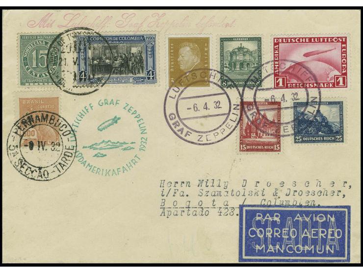 2. Südamerikafahrt, Bordpostbrief vom 6.4. mit u.a. Zeppelin 1 M. sowie Brasilien-, Kolumbien- und Scadta-Zusatzfrankatur für