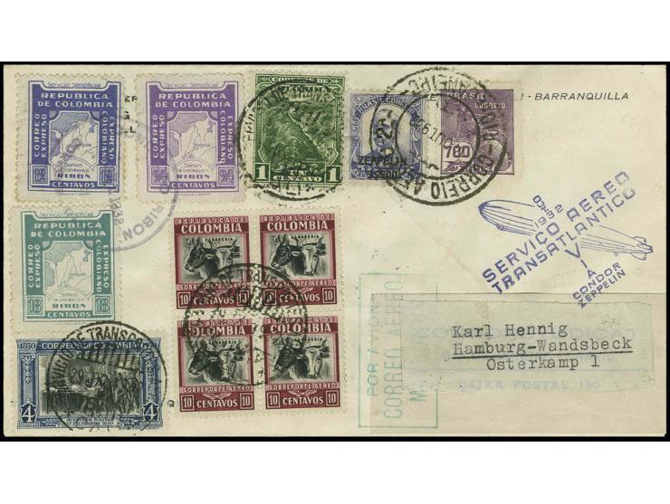 8. Südamerikafahrt, brasilianische Post, Brief Zuleitungspost aus Kolumbien mit kolumbianisch-brasilianischer Mischfrankatur,