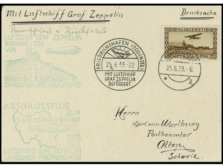 Saargebietsfahrt, Saargebiets-Post, Drucksachenkarte mit Flugpost 5 Fr. und beiden Bestätigungsstempeln in die Schweiz, Kabin