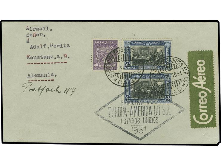 1930, 1. Überseeflug, Zulieferpost Kolumbien, Brief mit Kolumbien/Scadta-Mischfrankatur nach Deutschland, 1 Wert eckrund (Har